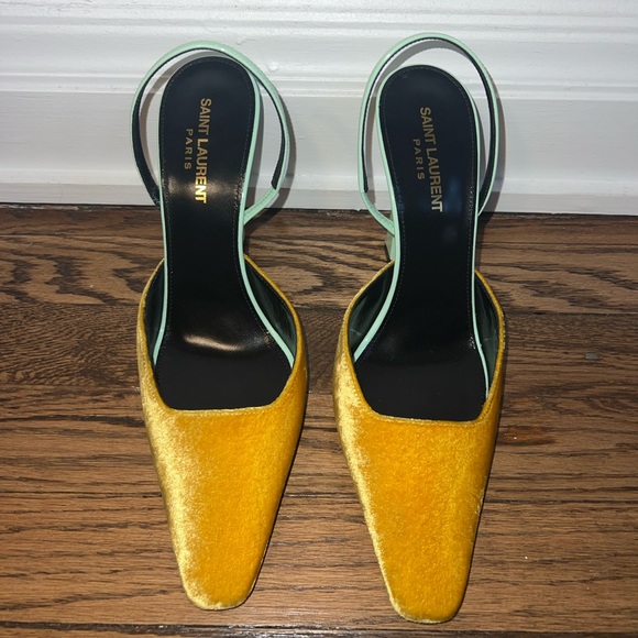 Saint Laurent Velvet Heels in Yellow and Mint - Picture 2 of 5